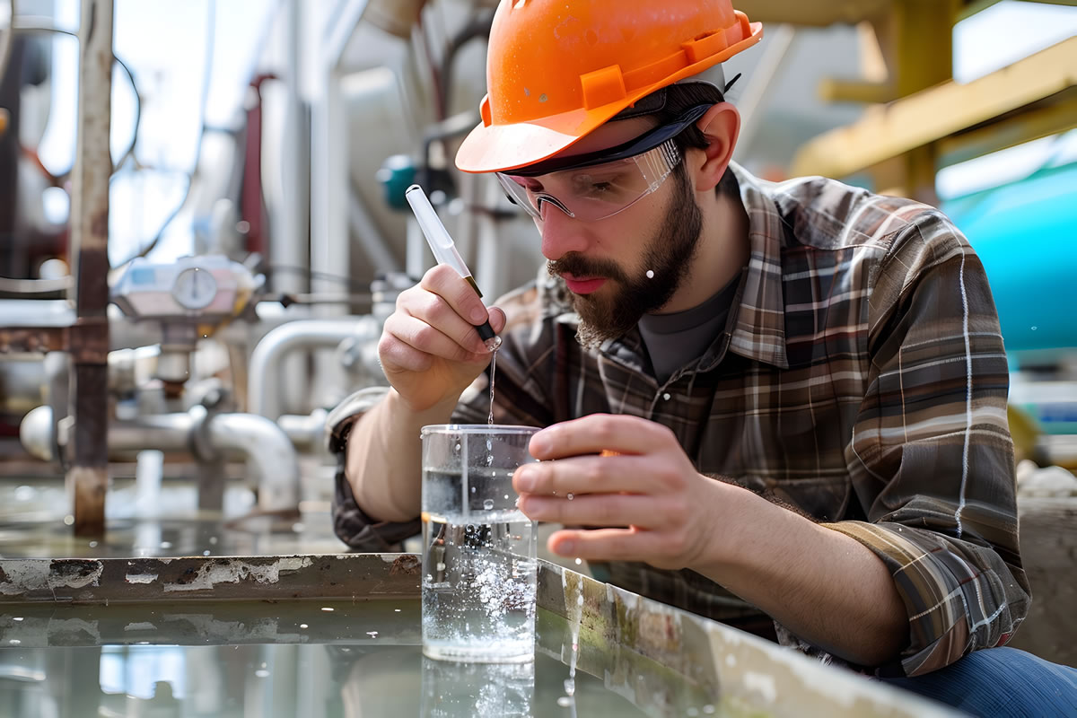 Water treatment engineer disinfecting water system Water treatment engineer disinfecting water system