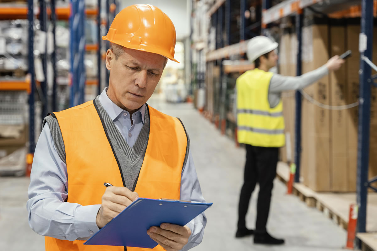 Engineer carrying out water safety risk assessment of large warehouse