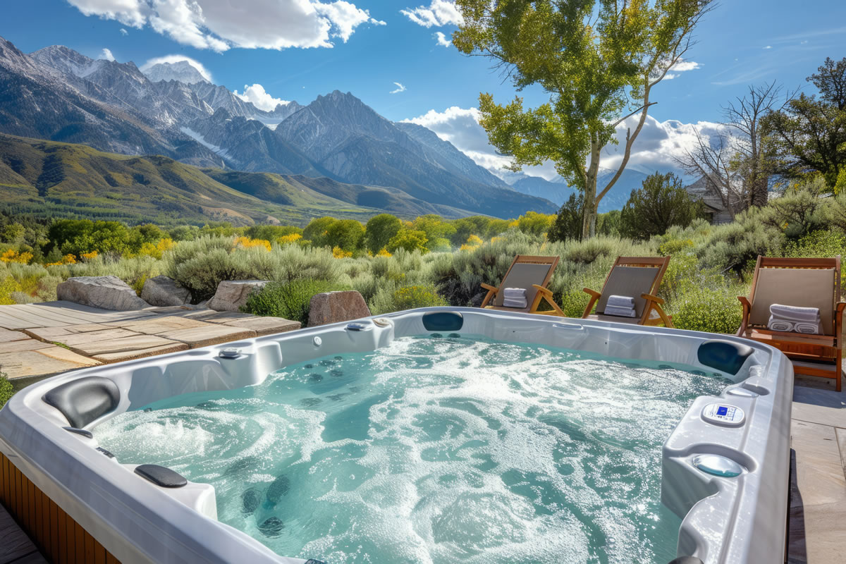 Outdoor hot tub overlooking mountain range