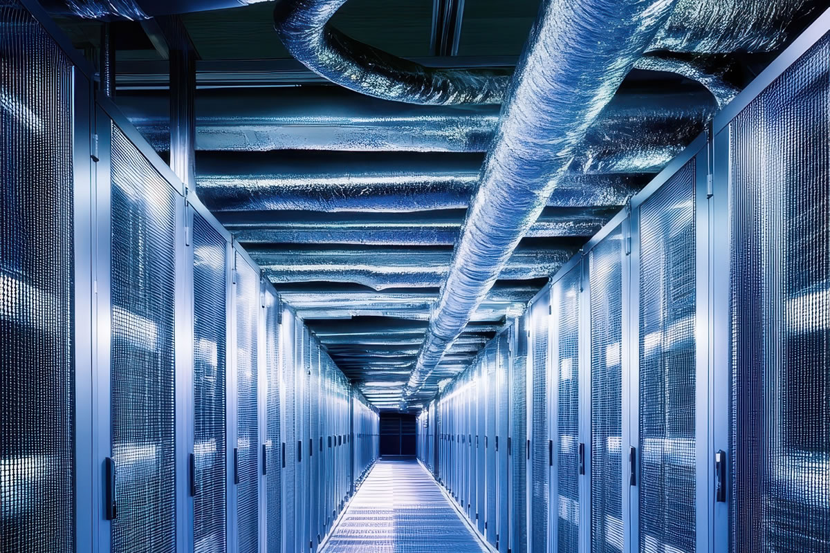 Ceiling mounted insulated cooling system ducting serving data centre