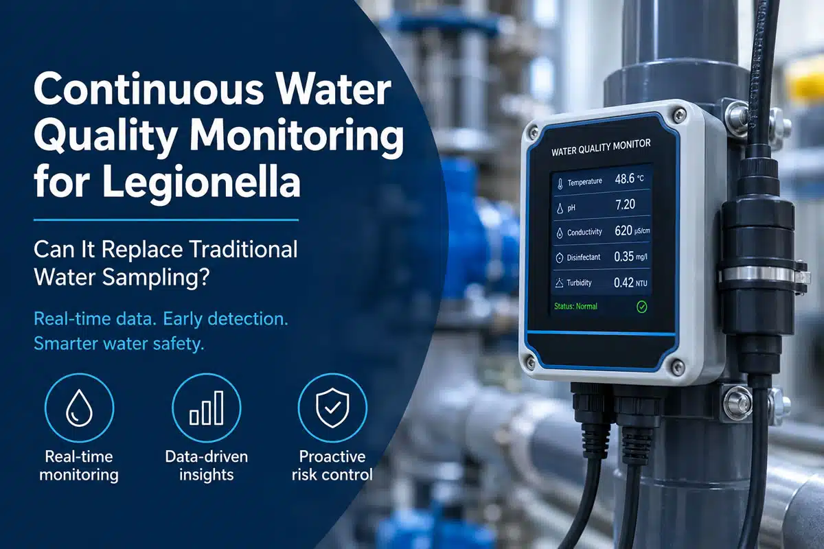 Digital water quality monitoring sensor installed on a commercial water system illustrating continuous Legionella monitoring and real-time water quality analysis. Digital water quality monitoring sensor installed on a commercial water system illustrating continuous Legionella monitoring and real-time water quality analysis.