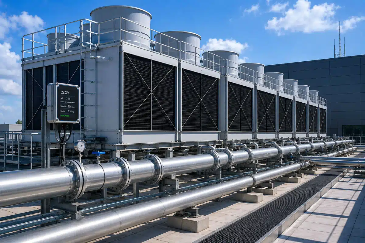 Modern data centre rooftop with evaporative cooling towers and a continuous water quality monitoring sensor installed on the cooling water pipework. Modern data centre rooftop with evaporative cooling towers and a continuous water quality monitoring sensor installed on the cooling water pipework.