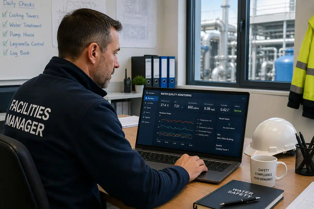 Facilities manager reviewing continuous water quality monitoring data on a laptop in a commercial site office for Legionella risk management. Facilities manager reviewing continuous water quality monitoring data on a laptop in a commercial site office for Legionella risk management.